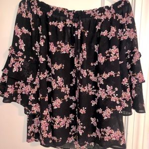 Off the shoulder black sheer floral print blouse